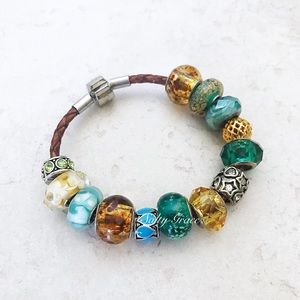 Audra~ teal and amber leather charm bracelet